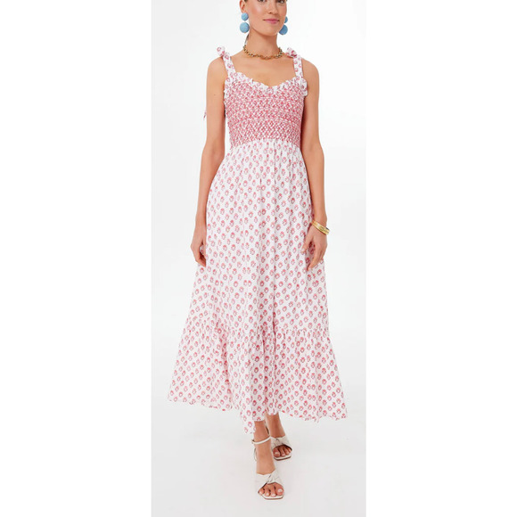 Pink City Prints Rose Meadow Red Block Jessica Maxi Dress Smocked Tuckernuck M - Picture 5 of 15